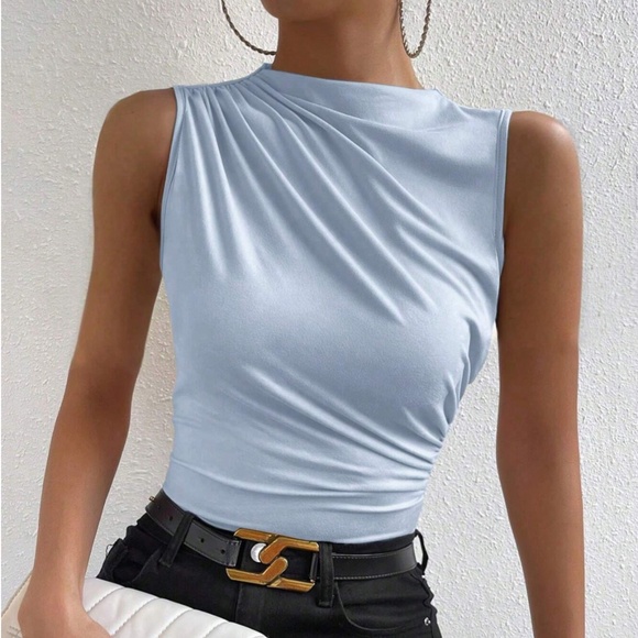 Rouge! Tops - Ruched Light Blue Asymmetrical Sleeveless Shirt Top